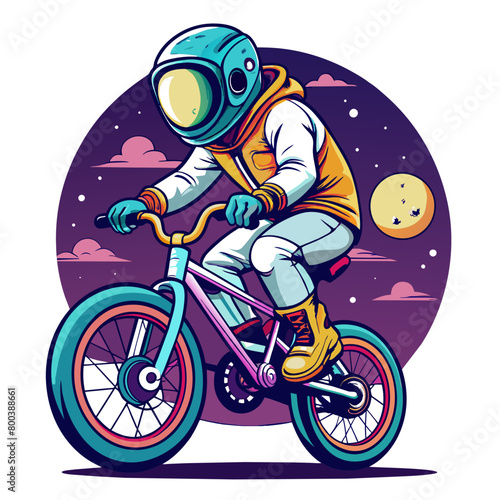 illustration of an astronaut performing BMX tricks against the backdrop of a softly illuminated moon  with vibrant colors and sleek lines