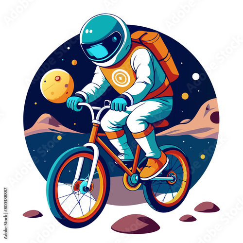 illustration of an astronaut performing BMX tricks against the backdrop of a softly illuminated moon, with vibrant colors and sleek lines