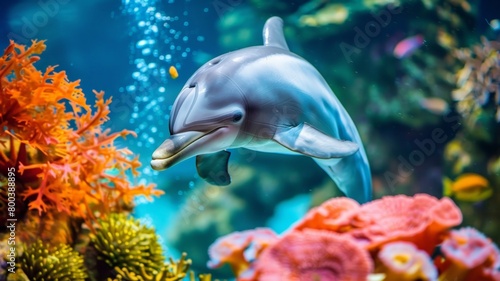 A dolphin gracefully navigates through an aquarium teeming with colorful corals