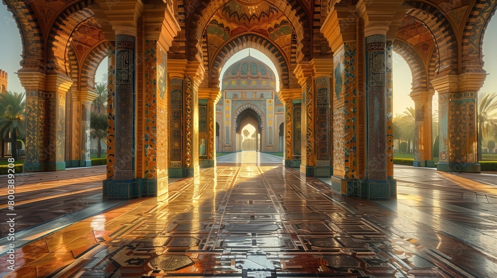 Craftsmanship in Detail: Islamic Tilework at Sunset, generative ai
