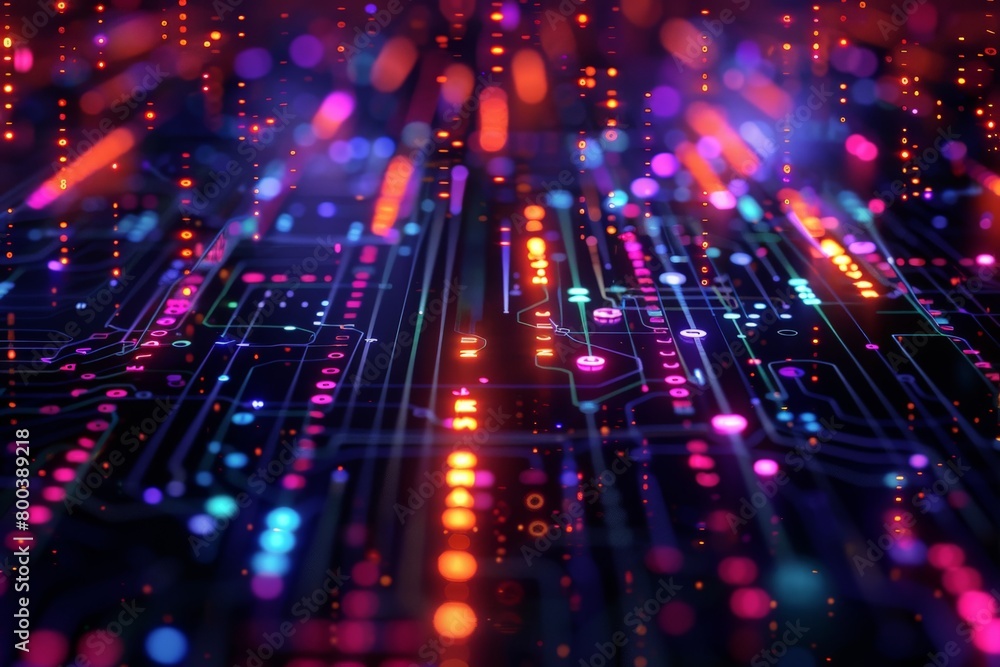 A circuit board macro shot, with colored lights pulsing along binary code pathways A circuit board macro shot, with colored lights pulsing along binary code pathways