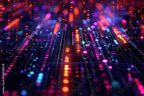A circuit board macro shot, with colored lights pulsing along binary code pathways 