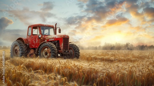 Classic Red Tractor at Sunset  generative ai