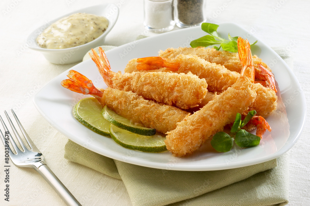 battered shrimp accompanied by salad and tartar sauce battered shrimp accompanied by salad and tartar sauce