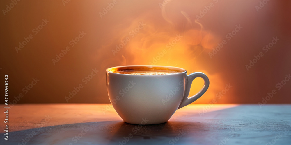 Hot steaming coffee cup background design. Horizontal banner of coffee steaming cup and free space for text. Raster bitmap digital illustration. Photo style. AI artwork. Hot steaming coffee cup background design. Horizontal banner of coffee steaming cup and free space for text. Raster bitmap digital illustration. Photo style. AI artwork.