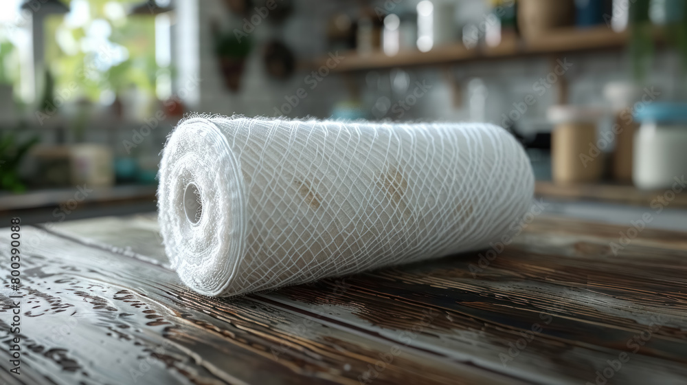 white kitchen paper towel roll on a rustic wooden table with a blurred green plant background white kitchen paper towel roll on a rustic wooden table with a blurred green plant background
