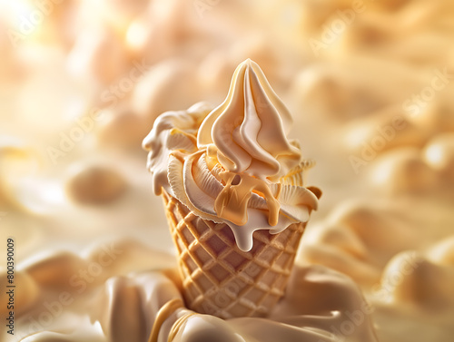 Melting Vanilla Ice Cream Cone on a Colorful Swirling Background photo