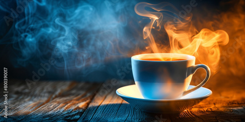 Hot steaming coffee cup background design. Horizontal banner of coffee steaming cup and free space for text. Raster bitmap digital illustration. Photo style. AI artwork. 