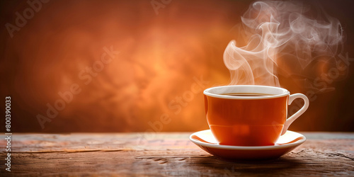 Hot steaming coffee cup background design.  Horizontal banner of coffee steaming cup and free space for text. Raster bitmap digital illustration.	Photo style. AI artwork.  photo