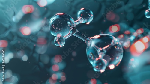 A closeup of a water molecule with two hydrogen atoms orbiting a central oxygen atom, rendered in a scientific style with clear labeling 