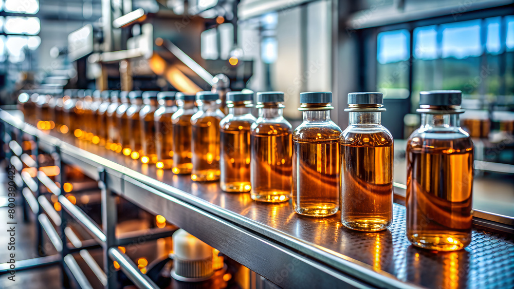 A row of brown bottles on a conveyor belt in a factory. AI Generative A row of brown bottles on a conveyor belt in a factory. AI Generative