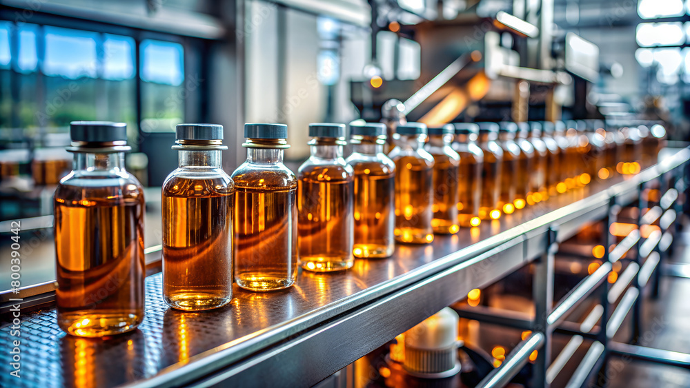 A row of brown bottles on a conveyor belt in a factory. AI Generative A row of brown bottles on a conveyor belt in a factory. AI Generative