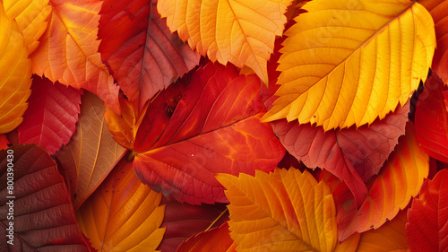 A close up of a pile of fallen autumn leaves in varying shades of red, orange, and yellow.