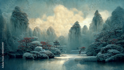 Winter Wonderland, Textured Rococo Style Illustrations of Serene Snowy Landscape, Tranquil Nature Scene, and Peaceful Winter Forests with Trees, Ponds, and Sky Reflections photo