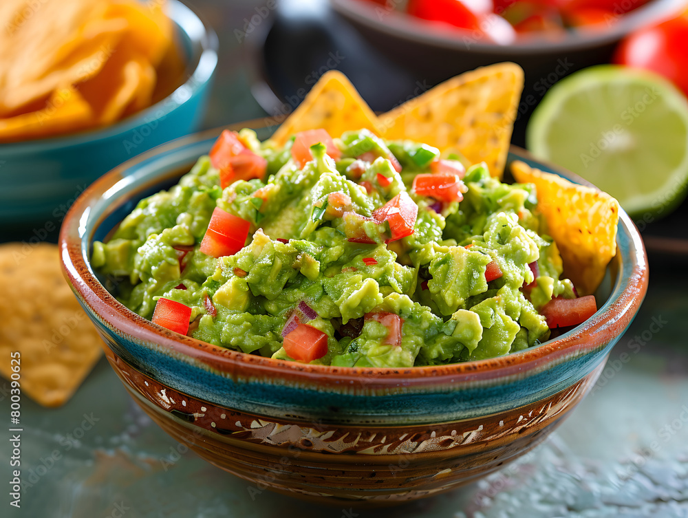 A colorful bowl of guacamole nachos sits on a table, surrounded by tortilla chips. A colorful bowl of guacamole nachos sits on a table, surrounded by tortilla chips.