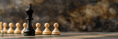 A commanding black king chess piece leads a line of pawns symbolizing leadership and strategy