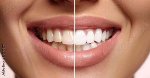A close-up comparison of teeth whitening results before and after, showing a confident female smile