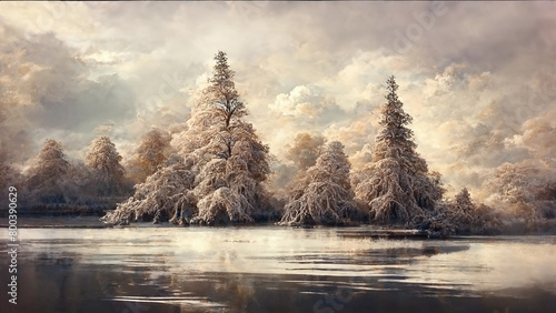 Winter Wonderland, Textured Rococo Style Illustrations of Serene Snowy Landscape, Tranquil Nature Scene, and Peaceful Winter Forests with Trees, Ponds, and Sky Reflections