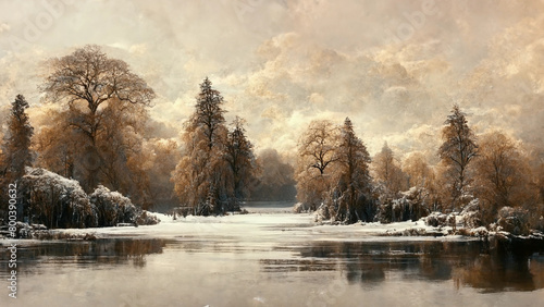 Winter Wonderland, Textured Rococo Style Illustrations of Serene Snowy Landscape, Tranquil Nature Scene, and Peaceful Winter Forests with Trees, Ponds, and Sky Reflections