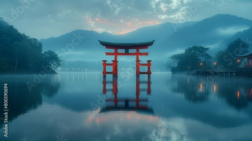 Twilight Reflections: Shrine Gate by the Lake, generative ai photo