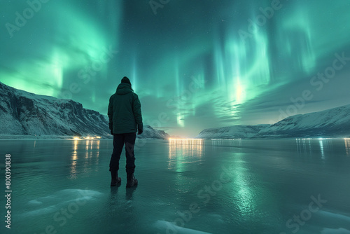 person looking at northern lights