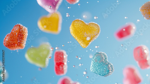 Colorful gummy hearts falling in slow motion against a blue background.