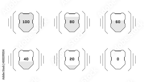 HUD digital futuristic style videogame user interface health shield progress set. Video game player protect armor level sign and life indicator symbol. Energy infographic design element. Vector eps