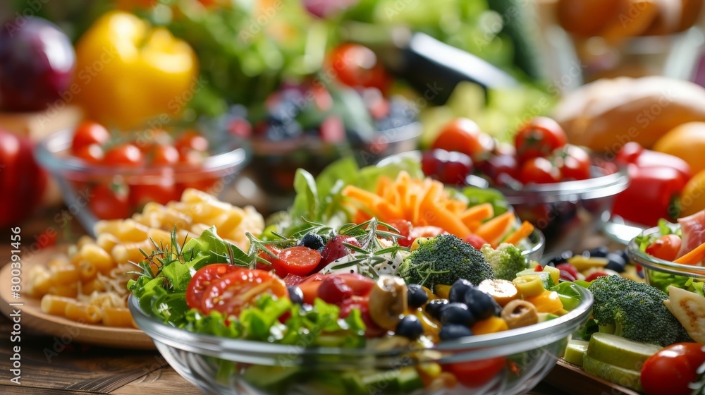 Healthy food, fresh fruits, vegetables and cereals are laid out on the table