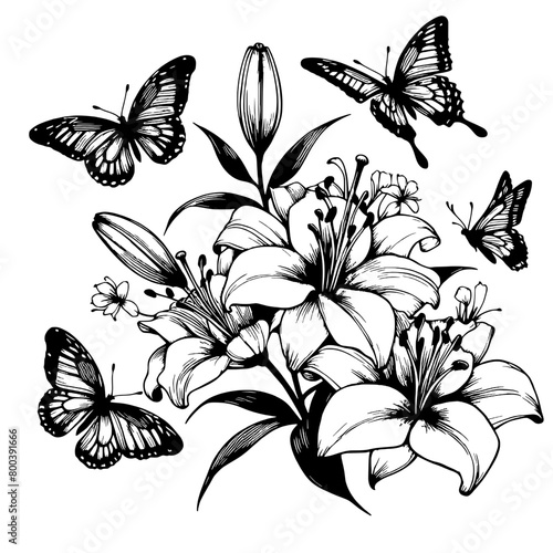 art logo design illustration of lilies and butterflies photo