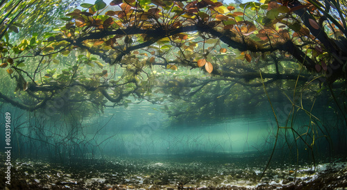 An underwater view of a mangrove forest in green water
