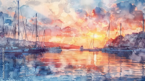 A beautiful watercolor painting of a harbor at sunset