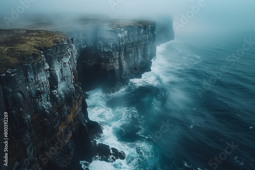 drone shot of rugged cliffs along a misty coastline, waves crashing against rocks, overcast sky above