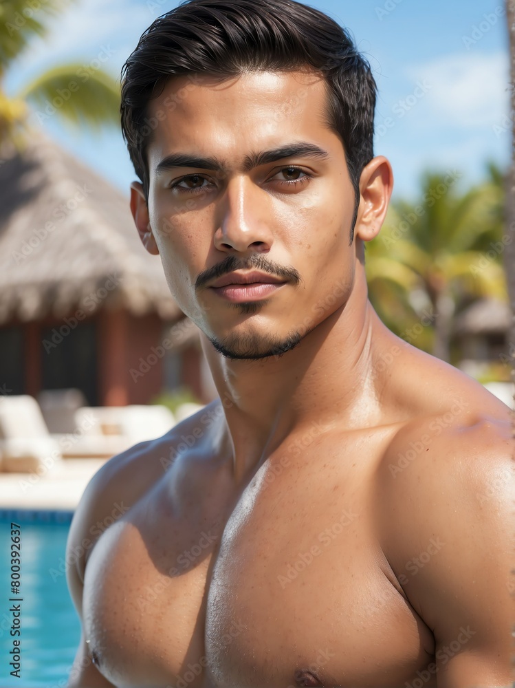 beach resort pool background close-up portrait of handsome hispanic mexican guy from Generative AI