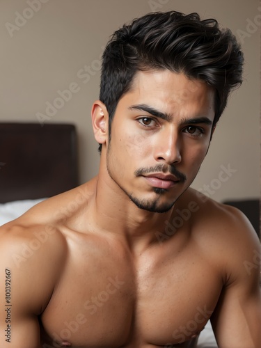 bedroom background close-up portrait of handsome hispanic mexican guy from Generative AI