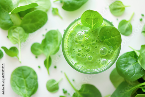 background with spinach leaves and glass of green smoothie