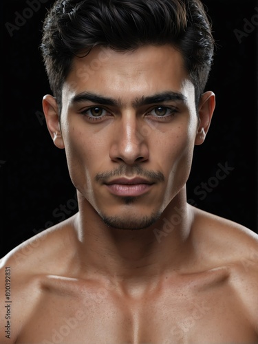 plain black background close-up portrait of handsome hispanic mexican guy from Generative AI