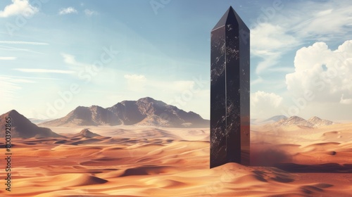 Monolithic black tower standing in a vast desert landscape
