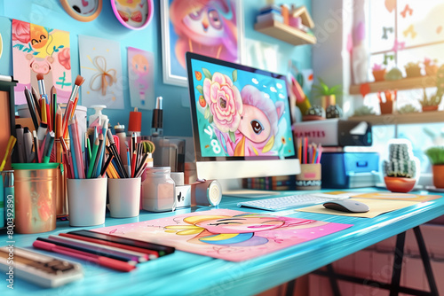 back to school concept, young web artist's desktop with sketches on the screen and drawings on the table and wall, in the style of pink ponies photo