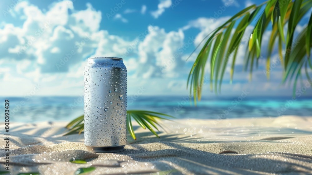 Mockup aluminum can with droplets of condensate on the background of sand, tropical leaves, blue sky and sea