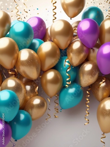 Bunch of gold and colorful festive holiday balloons background. Realistic 3d art. Holiday Birthday card template banner background design