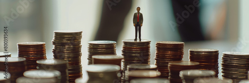 Captivating image of a miniature figure standing confidently on stacked coins, representing financial growth or success photo