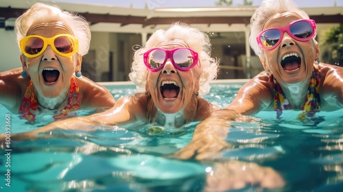 old women having fun in the summer in the pool