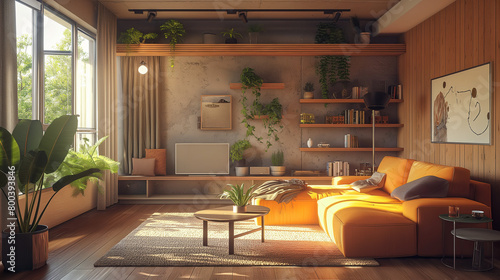 Serene Eco-Friendly Living Room with Lush Greenery. Generative AI