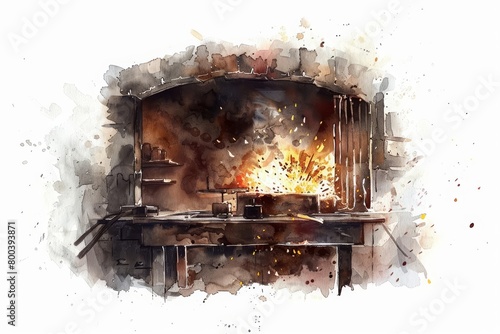 A blacksmith's forge with a glowing fire and sparks flying. The forge is made of stone and has a large anvil. A blacksmith is hard at work hammering a piece of metal on the anvil.
