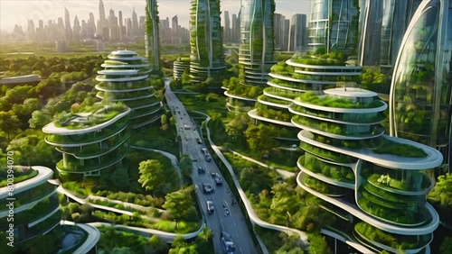 A futuristic urban panorama showcasing high-tech buildings harmonizing with abundant green surroundings, meeting ecologically recommended standards. Generated with AI photo