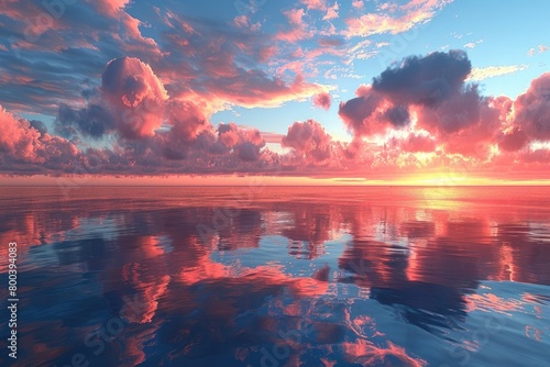 A beautiful afterglow at dusk as the red sky reflects in the calm water, with fluffy cumulus clouds creating a stunning natural landscape 