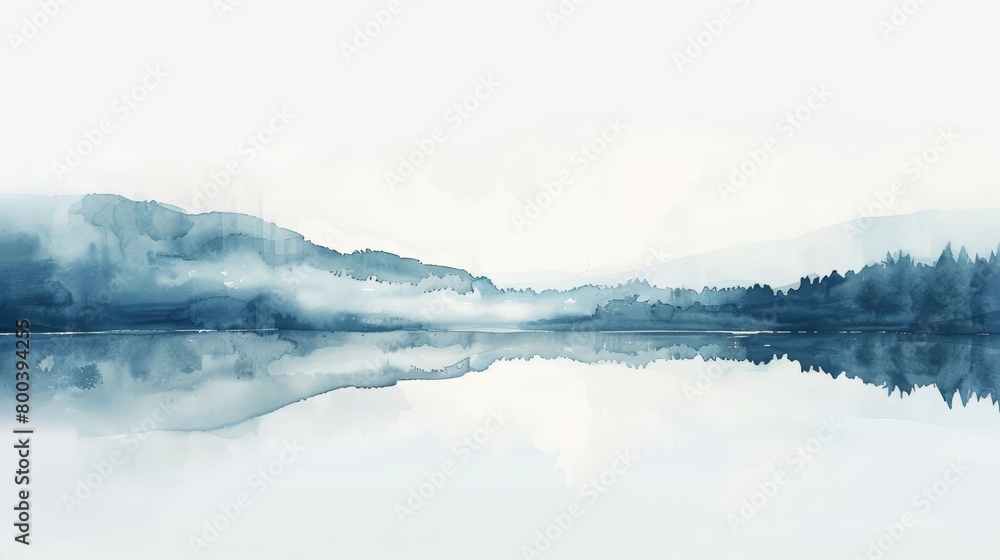 Obraz premium Generate a watercolor painting of a serene lake and mountain landscape. The scene should be peaceful and tranquil. The colors should be muted and the brushstrokes should be soft.