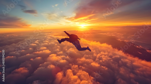 A skydiver freefalling through the clouds with a vibrant sunset in the background. Epic shot.