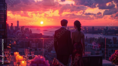 Golden Hour Elegance: Rooftop Soiree with City Skyline View, generative ai