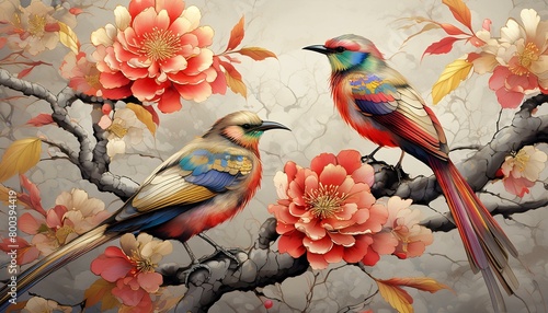 Egzotyczne, kolorowe ptaki siedzące na drzewie pokrytym kolorowymi kwiatami. Odcienie czerwieni, bordo. Tapeta, grafika